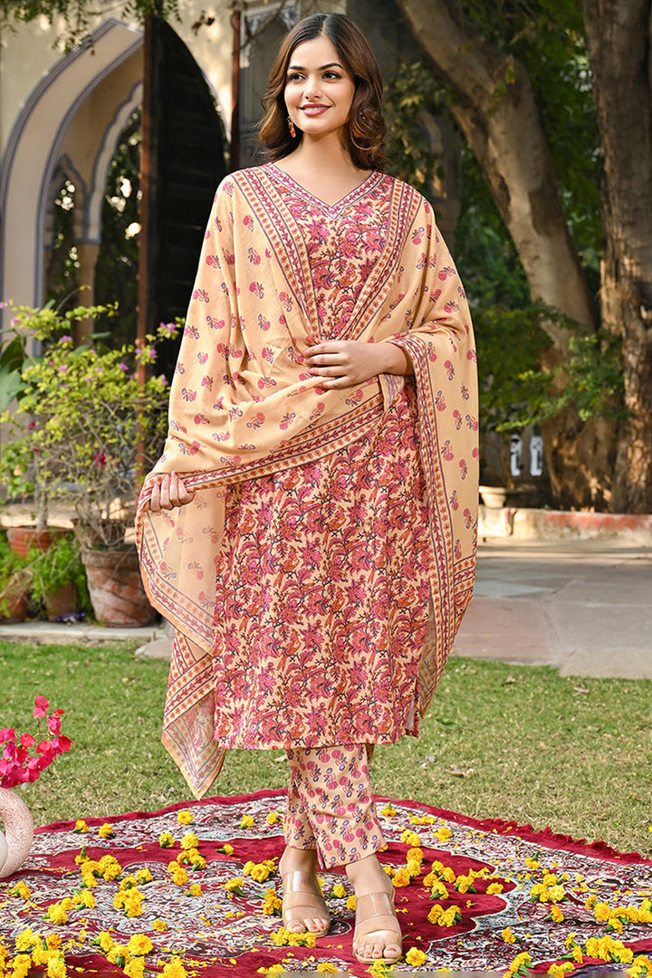 Pink Rayon Blend Floral Printed Straight Kurta Suit Set | SHOBITAM
