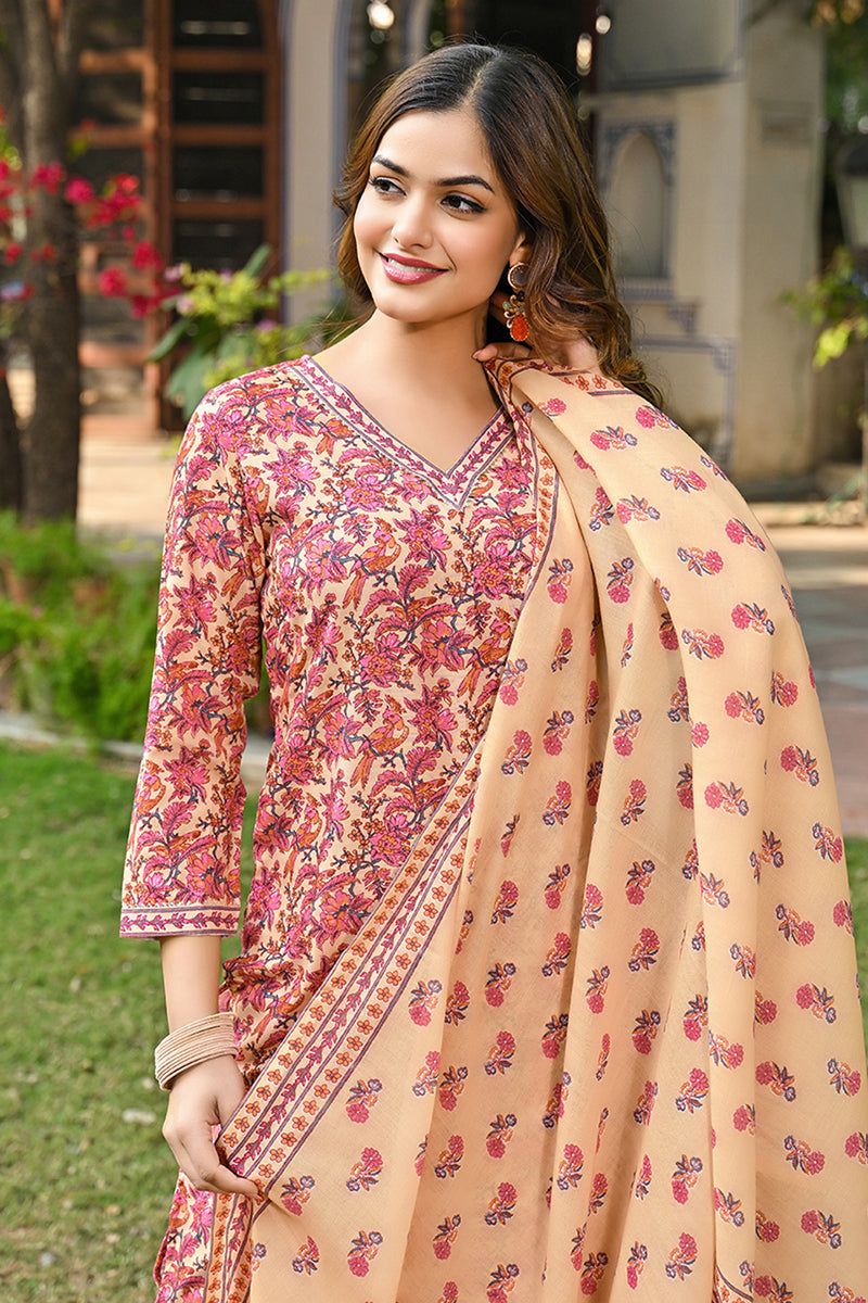 Pink Rayon Blend Floral Printed Straight Kurta Suit Set | SHOBITAM