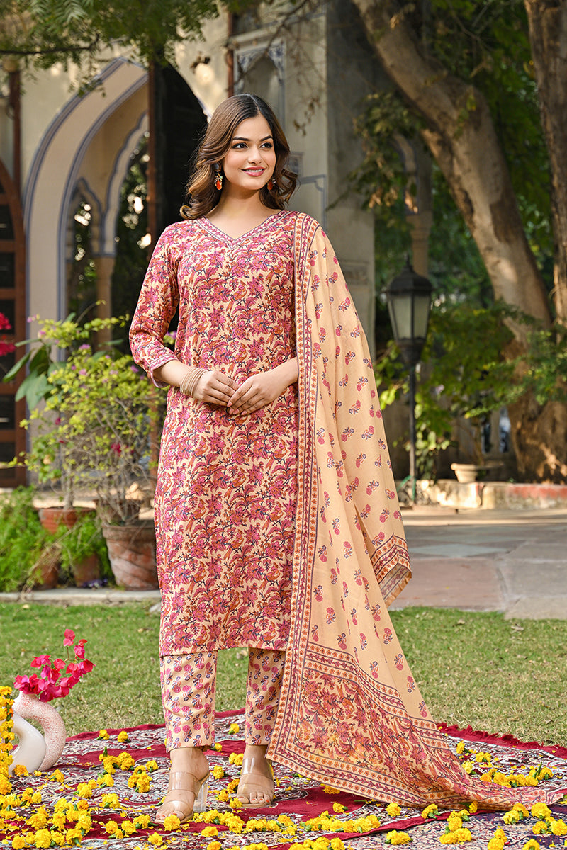 Pink Rayon Blend Floral Printed Straight Kurta Suit Set | SHOBITAM