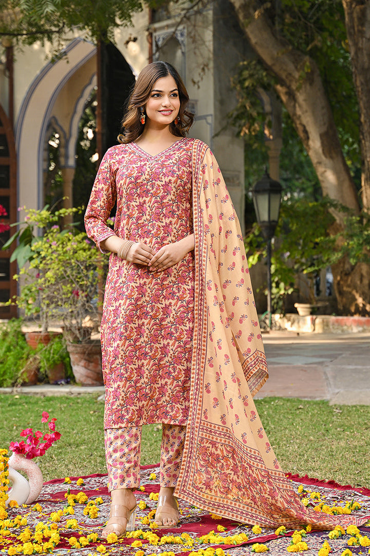 Pink Rayon Blend Floral Printed Straight Kurta Suit Set | SHOBITAM