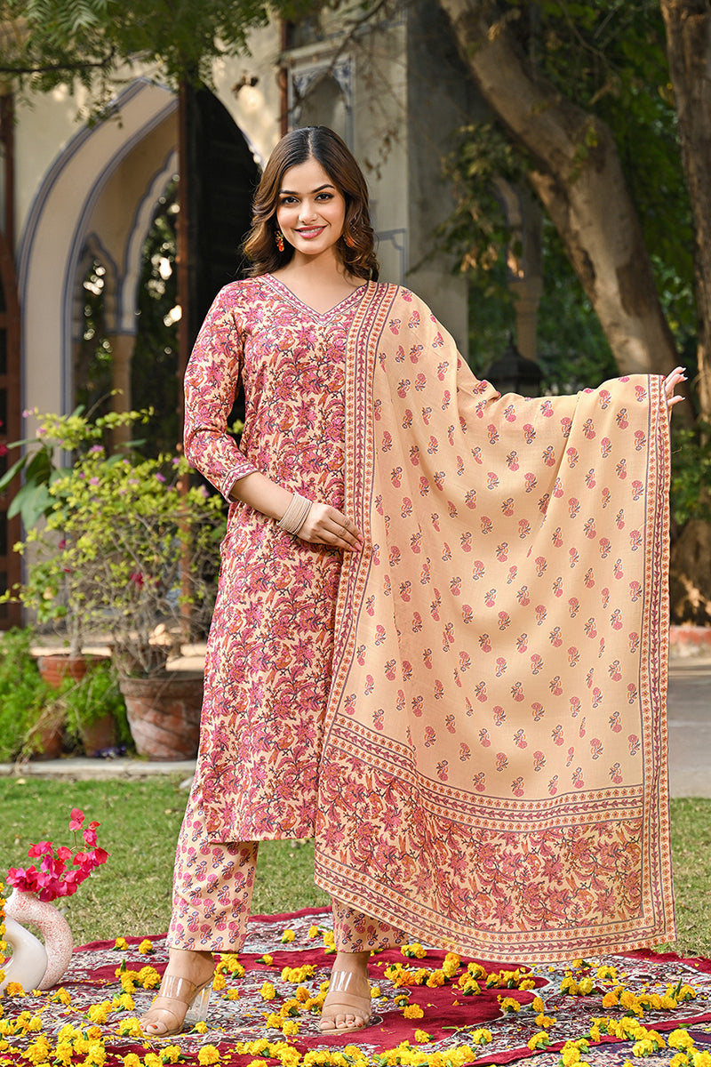 Pink Rayon Blend Floral Printed Straight Kurta Suit Set | SHOBITAM