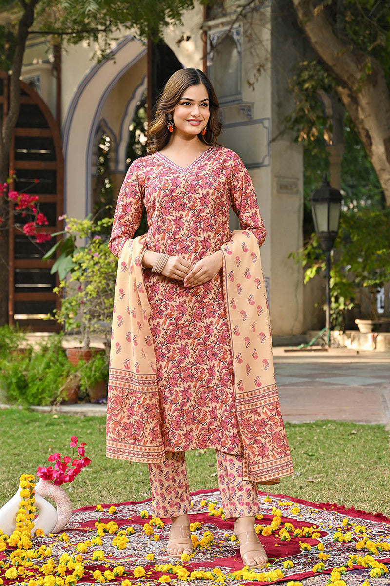Pink Rayon Blend Floral Printed Straight Kurta Suit Set | SHOBITAM