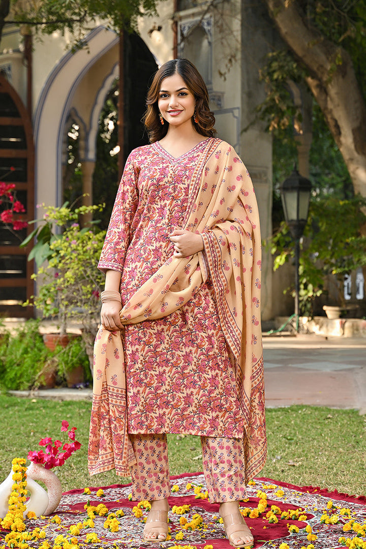 Pink Rayon Blend Floral Printed Straight Kurta Suit Set | SHOBITAM