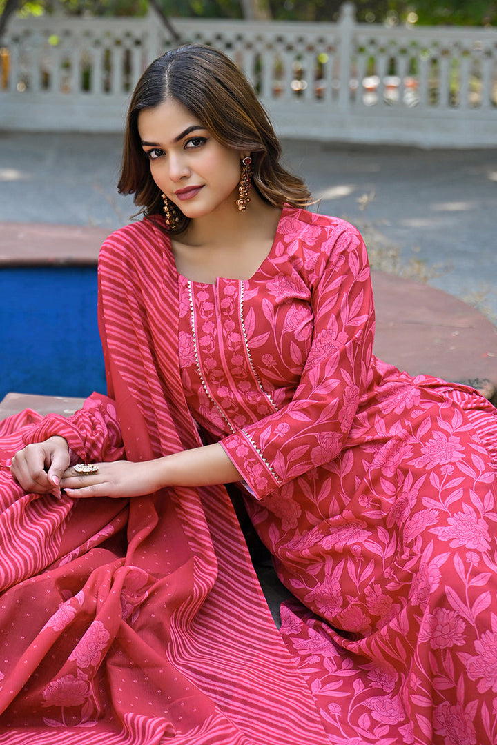 Red Cotton Blend Floral Printed Straight Suit Set  | SHOBITAM