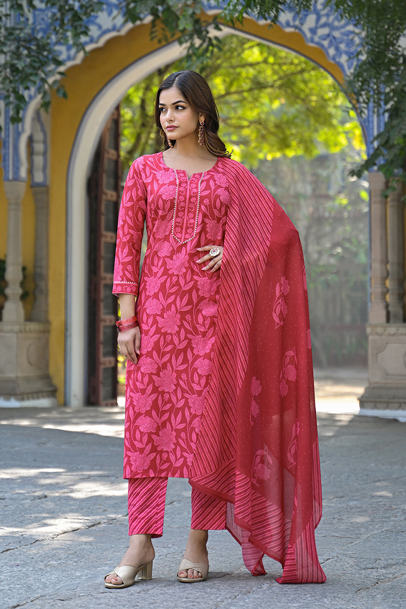 Red Cotton Blend Floral Printed Straight Suit Set  | SHOBITAM