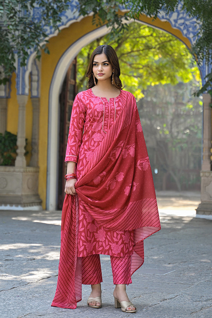 Red Cotton Blend Floral Printed Straight Suit Set  | SHOBITAM