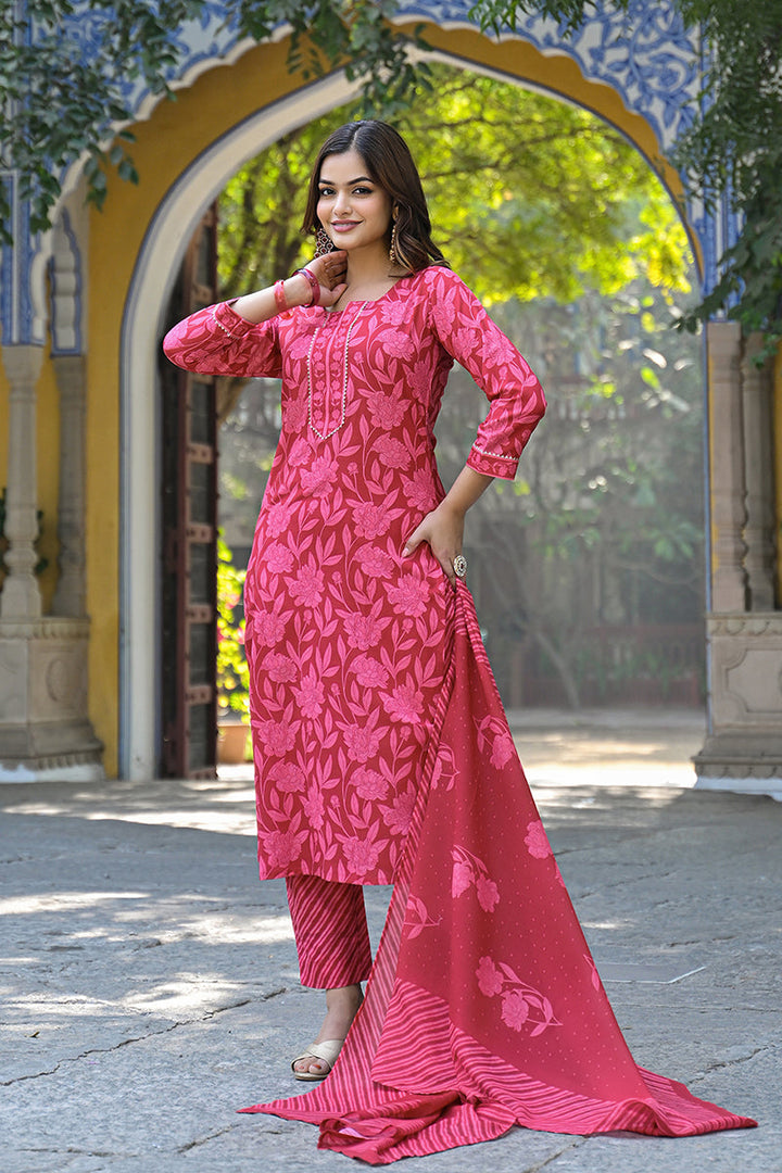Red Cotton Blend Floral Printed Straight Suit Set  | SHOBITAM