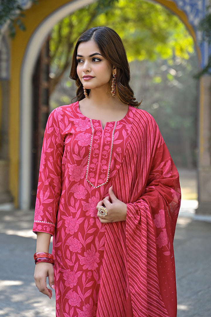 Red Cotton Blend Floral Printed Straight Suit Set  | SHOBITAM