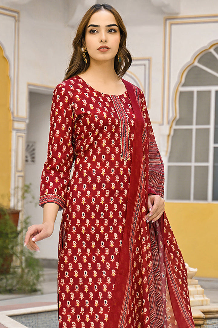 Maroon Rayon Blend Ethnic Motifs Straight Suit Set  | SHOBITAM
