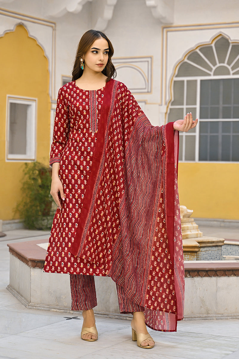 Maroon Rayon Blend Ethnic Motifs Straight Suit Set  | SHOBITAM
