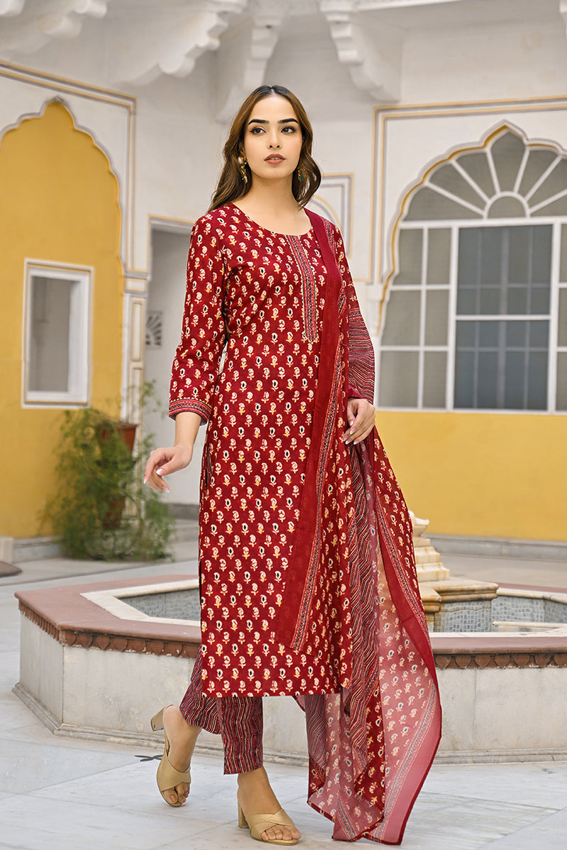 Maroon Rayon Blend Ethnic Motifs Straight Suit Set  | SHOBITAM