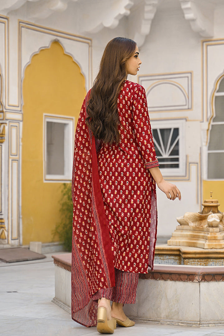 Maroon Rayon Blend Ethnic Motifs Straight Suit Set  | SHOBITAM