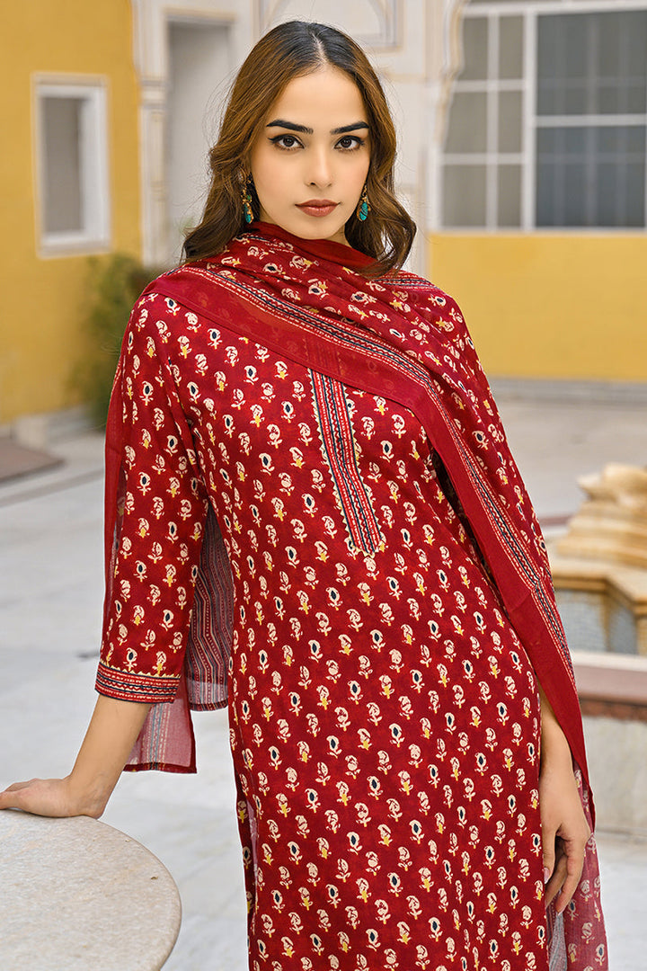 Maroon Rayon Blend Ethnic Motifs Straight Suit Set  | SHOBITAM