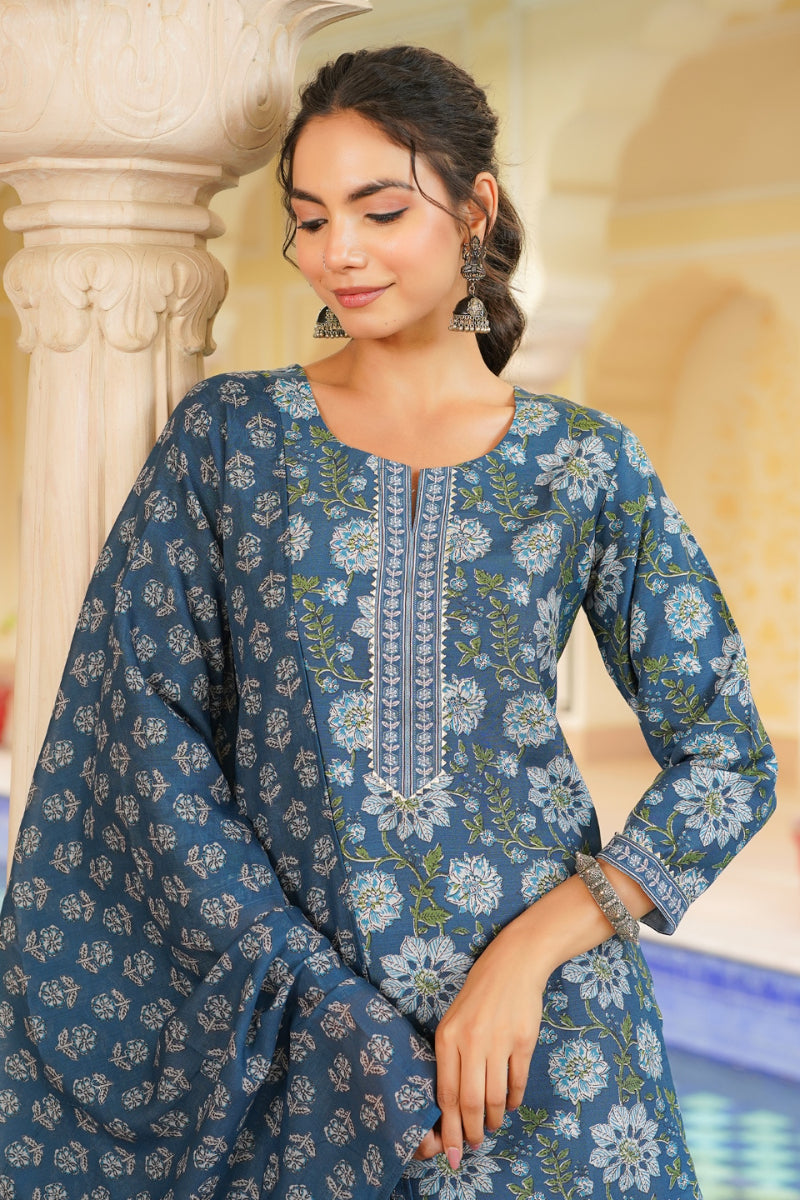 Blue Rayon Blend Floral Printed Straight Kurta Trouser With Dupatta | SHOBITAM