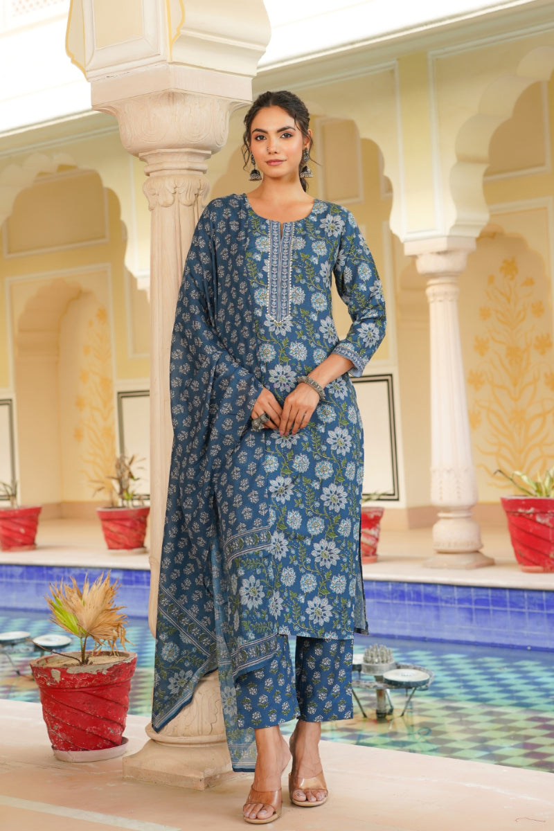 Blue Rayon Blend Floral Printed Straight Kurta Trouser With Dupatta | SHOBITAM