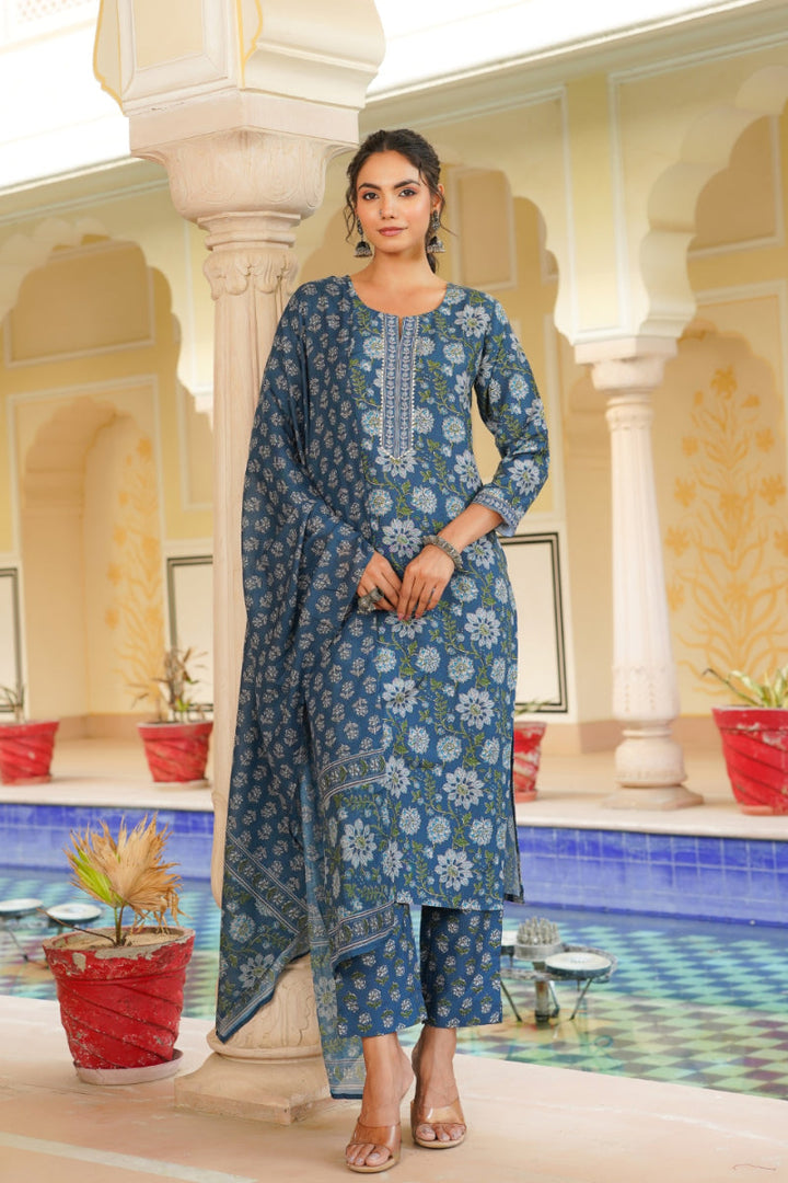 Blue Rayon Blend Floral Printed Straight Kurta Trouser With Dupatta | SHOBITAM