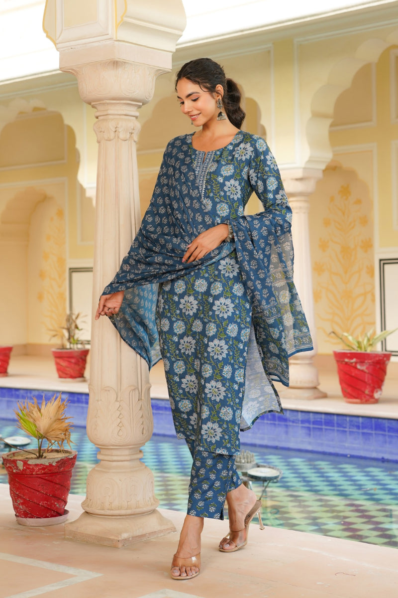 Blue Rayon Blend Floral Printed Straight Kurta Trouser With Dupatta | SHOBITAM