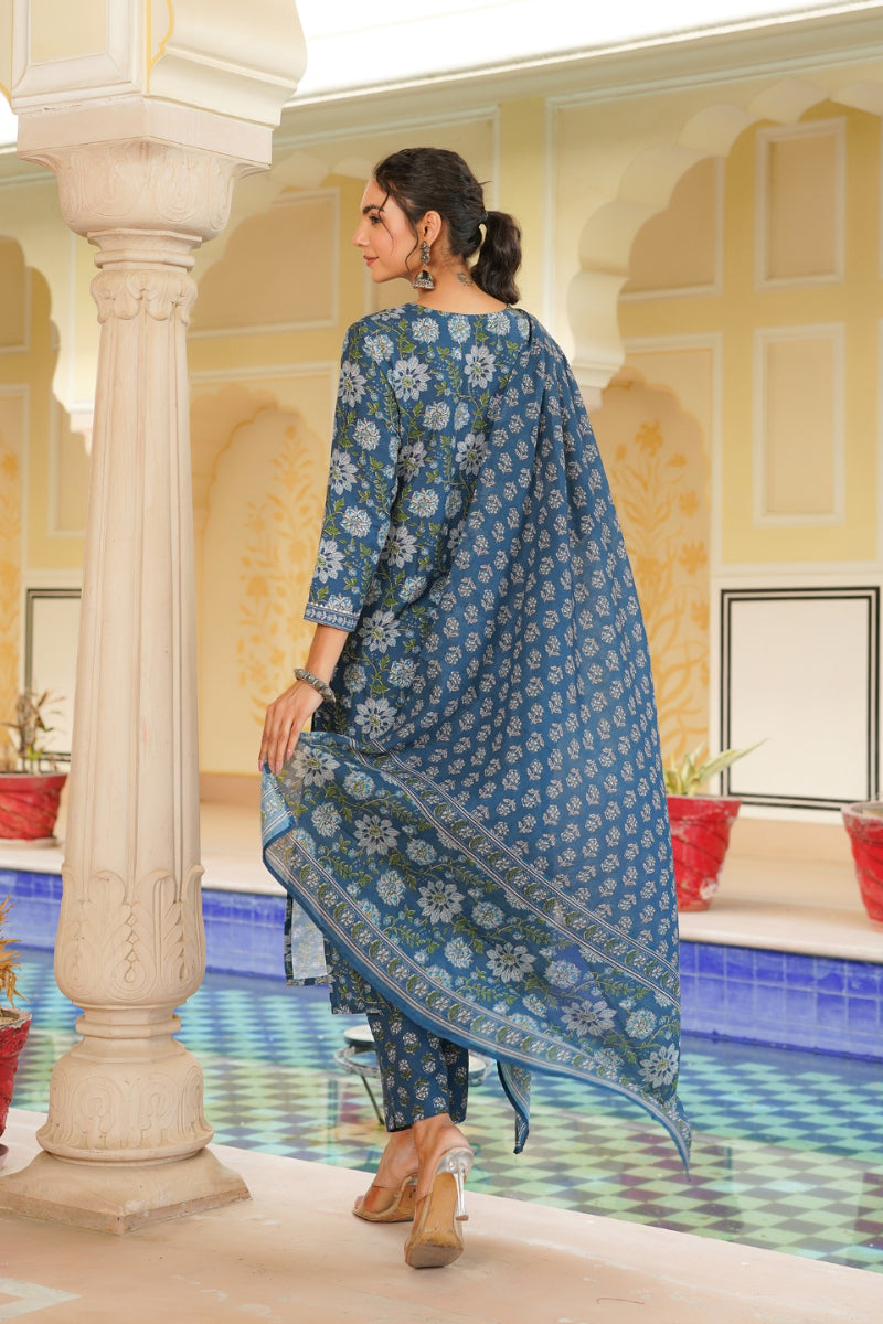 Blue Rayon Blend Floral Printed Straight Kurta Trouser With Dupatta | SHOBITAM
