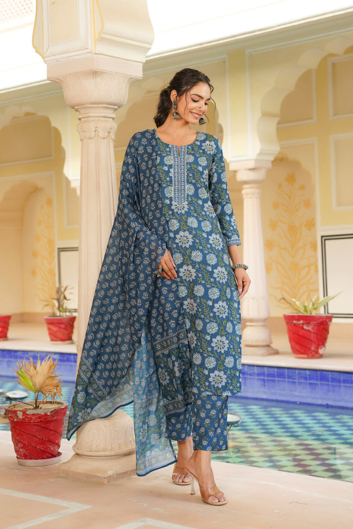 Blue Rayon Blend Floral Printed Straight Kurta Trouser With Dupatta | SHOBITAM