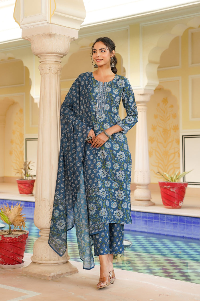 Blue Rayon Blend Floral Printed Straight Kurta Trouser With Dupatta | SHOBITAM