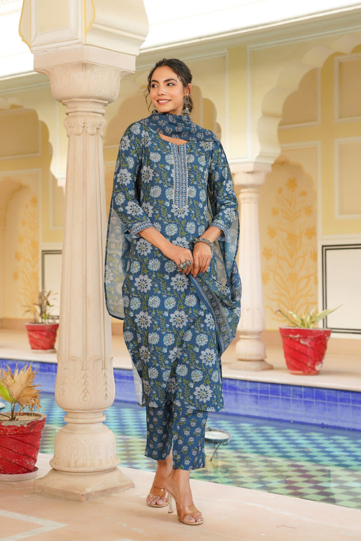 Blue Rayon Blend Floral Printed Straight Kurta Trouser With Dupatta | SHOBITAM