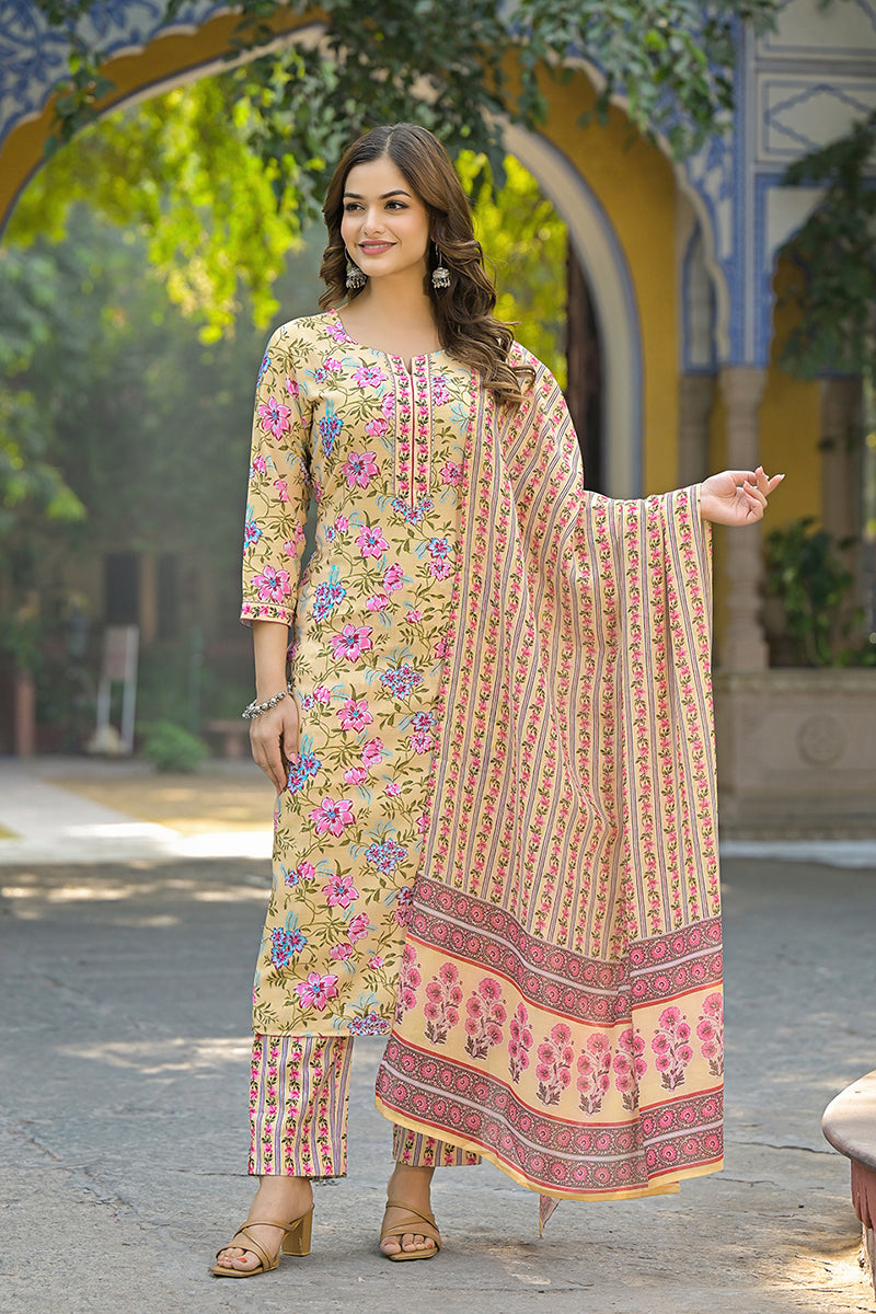 Yellow Rayon Blend Floral Printed Straight Suit Set | SHOBITAM