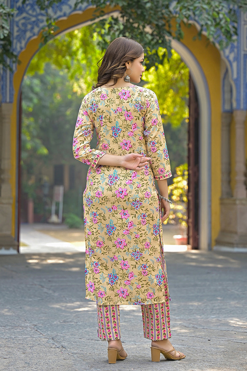 Yellow Rayon Blend Floral Printed Straight Suit Set | SHOBITAM