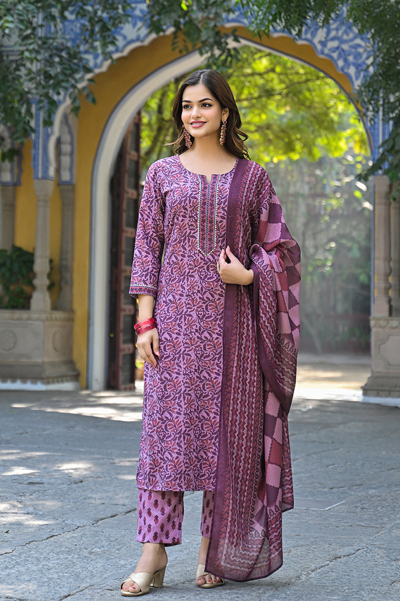 Pink Cotton Blend Floral Printed Straight Suit Set | SHOBITAM