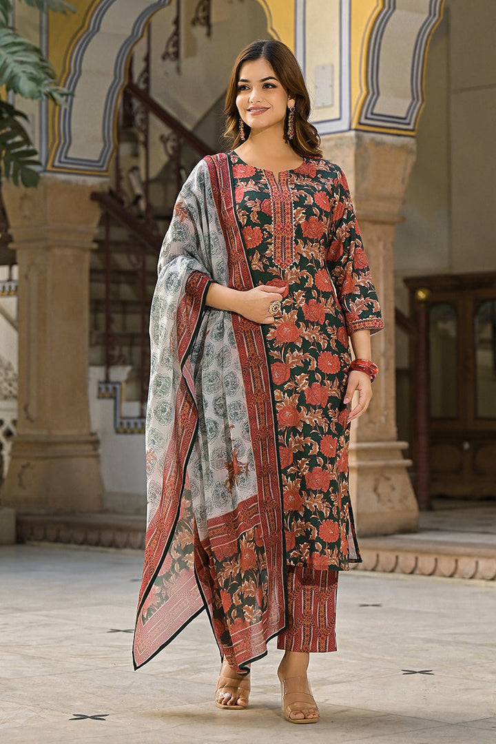 Green Rayon Blend Floral Printed Straight Trouser Suit Set | SHOBITAM