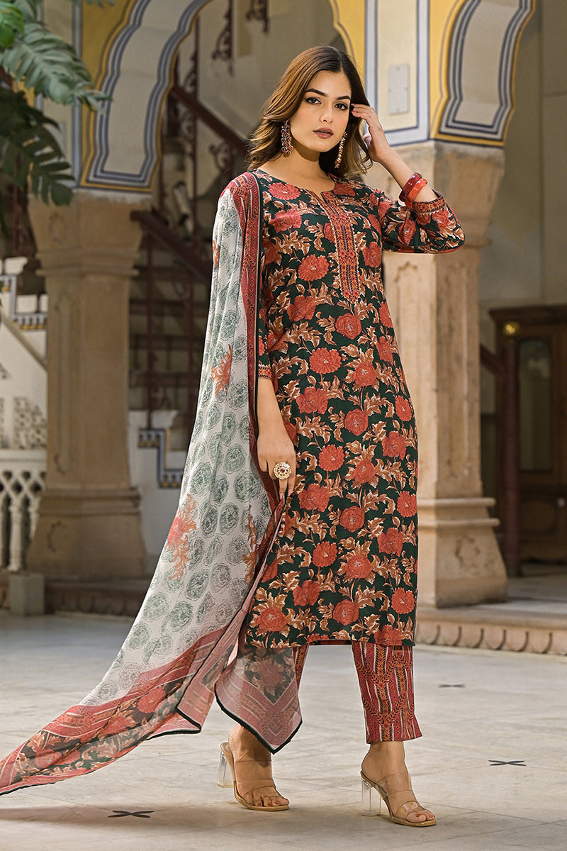 Green Rayon Blend Floral Printed Straight Trouser Suit Set | SHOBITAM