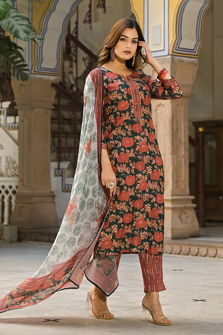 Green Rayon Blend Floral Printed Straight Trouser Suit Set | SHOBITAM