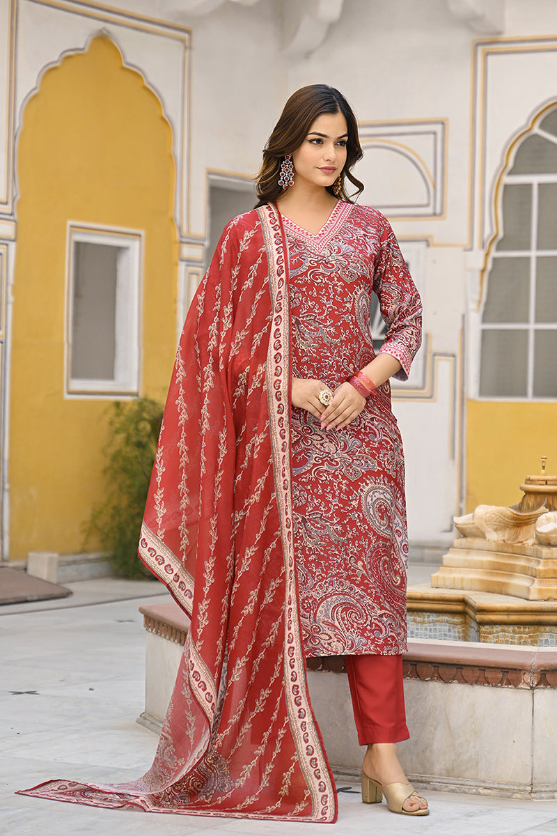 Red Rayon Blend Paisley Printed Straight Suit Set | SHOBITAM