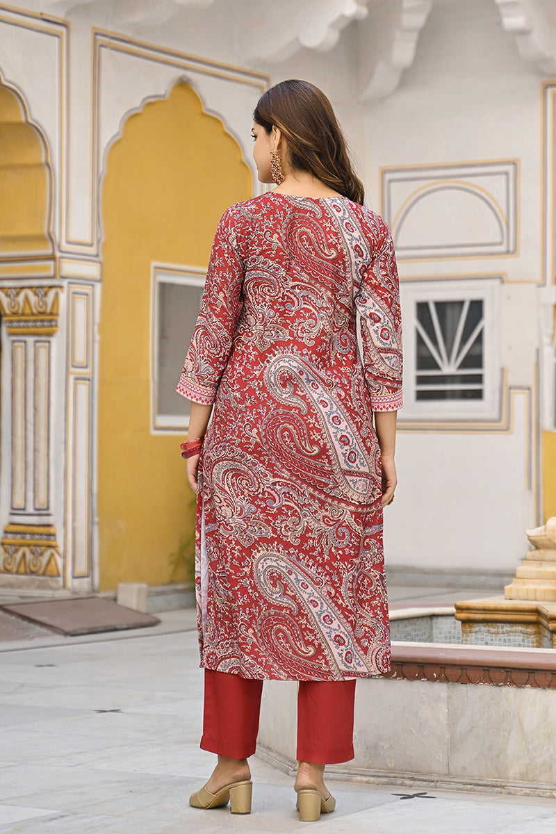 Red Rayon Blend Paisley Printed Straight Suit Set | SHOBITAM