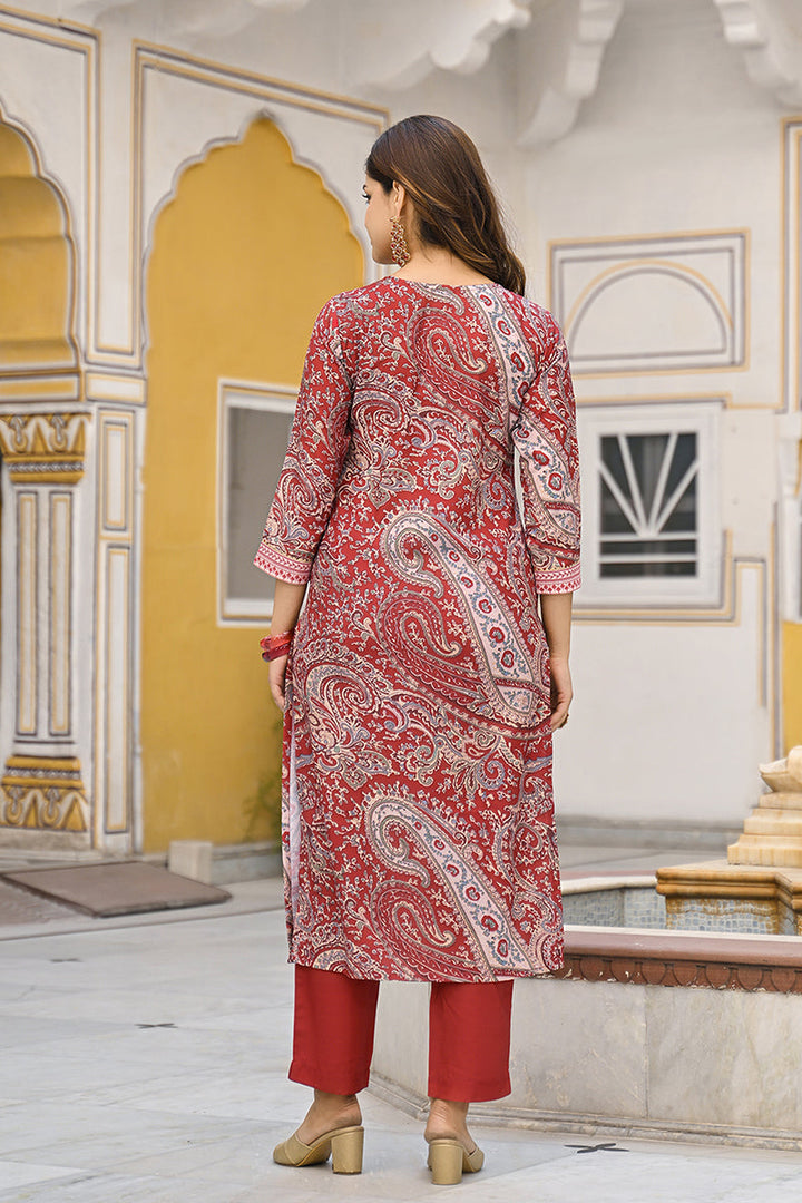 Red Rayon Blend Paisley Printed Straight Suit Set | SHOBITAM