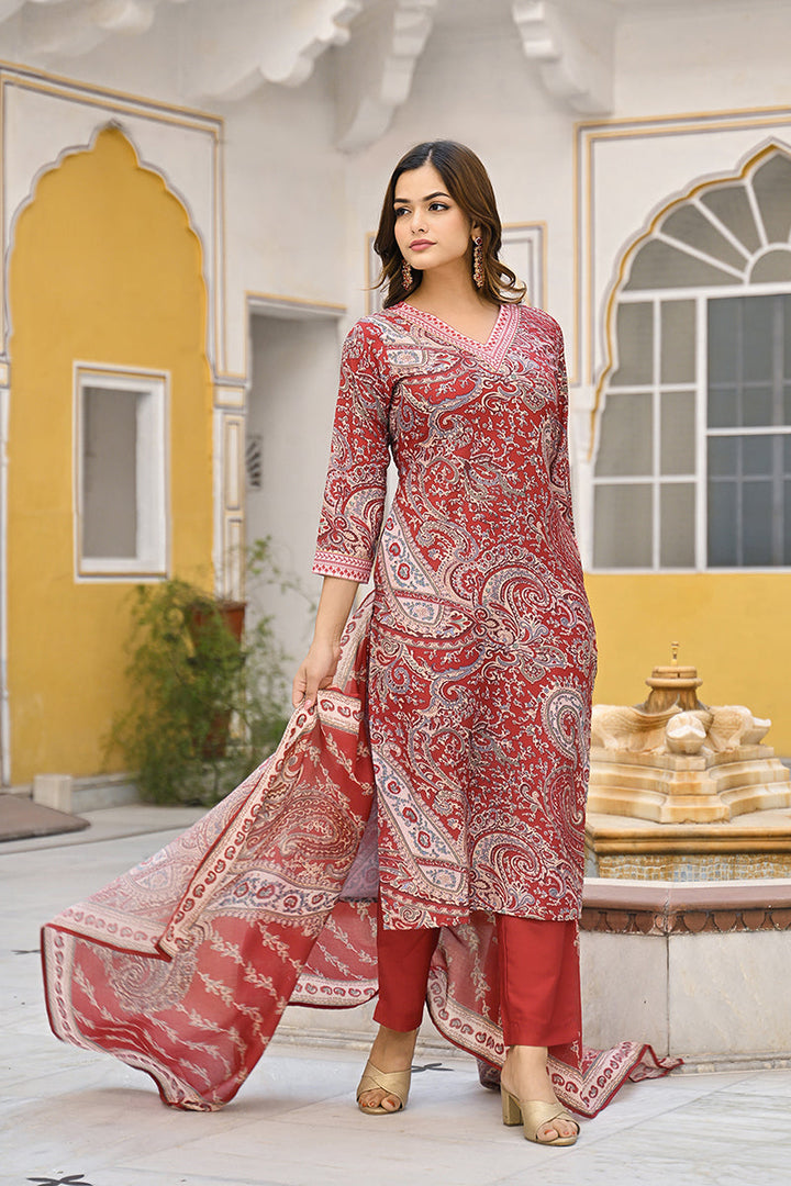 Red Rayon Blend Paisley Printed Straight Suit Set | SHOBITAM