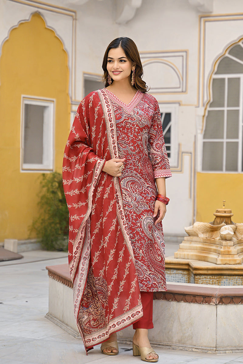 Red Rayon Blend Paisley Printed Straight Suit Set | SHOBITAM