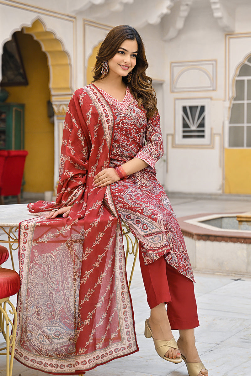 Red Rayon Blend Paisley Printed Straight Suit Set | SHOBITAM