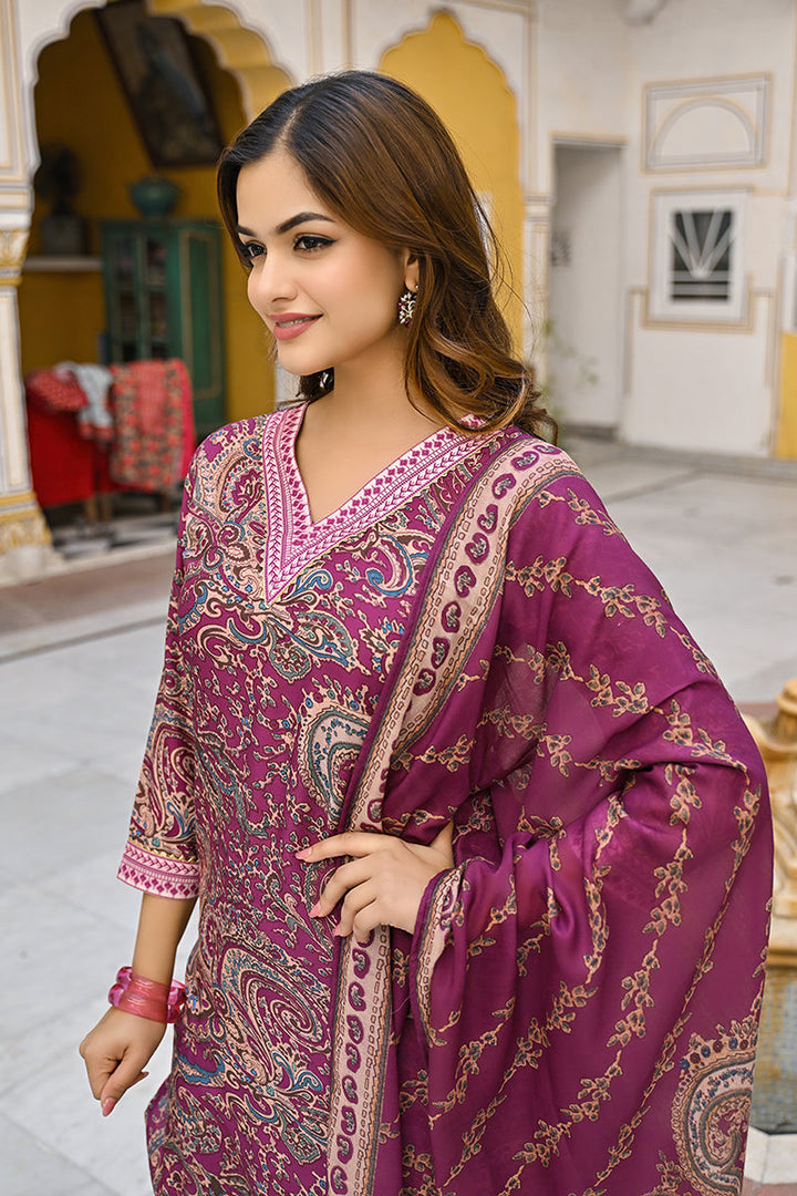 Purple Rayon Blend Paisley Printed Straight Trouser Suit Set | SHOBITAM