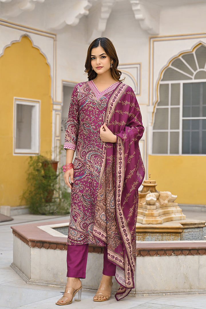 Purple Rayon Blend Paisley Printed Straight Trouser Suit Set | SHOBITAM