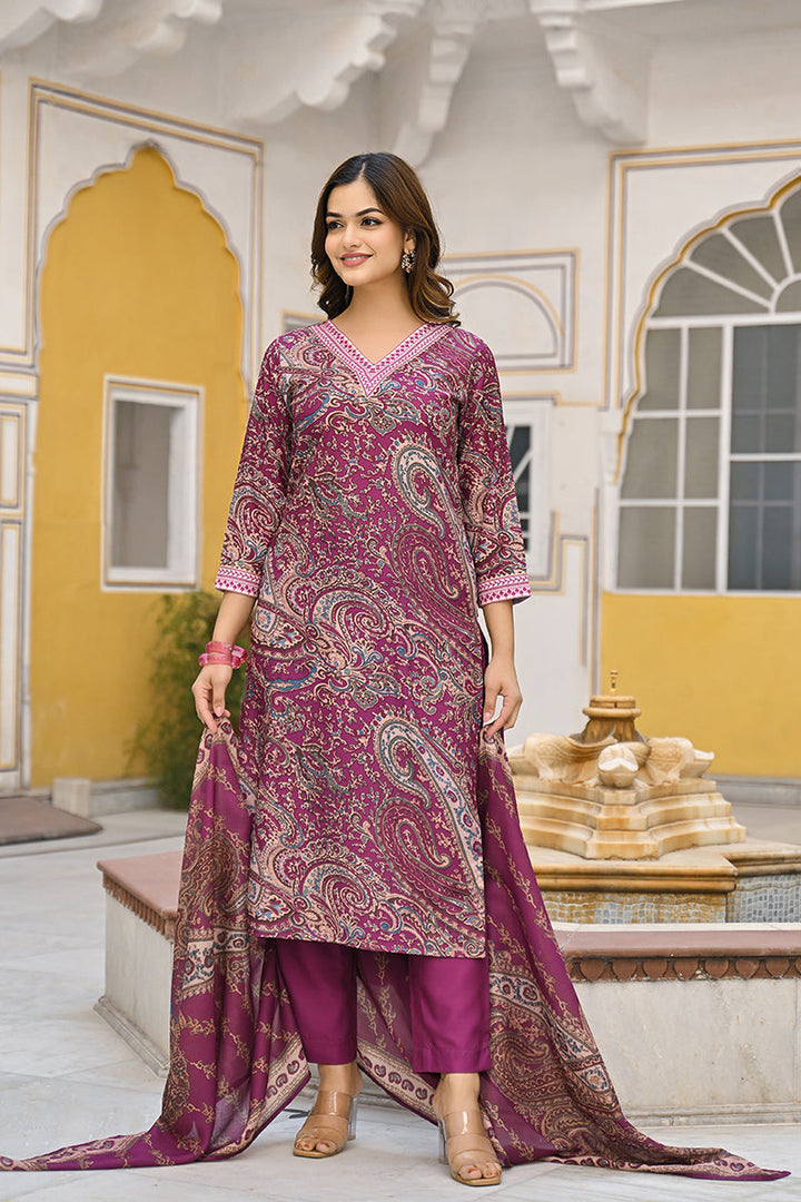 Purple Rayon Blend Paisley Printed Straight Trouser Suit Set | SHOBITAM