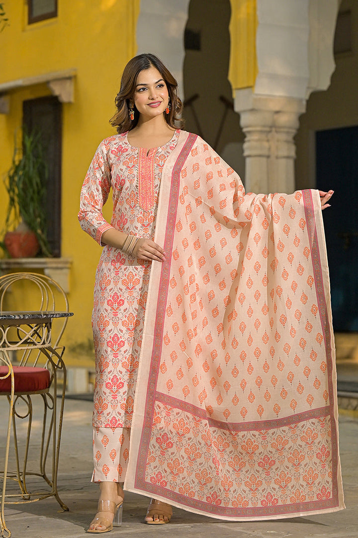 Cream Rayon Blend Floral Printed Straight Kurta Suit Set | SHOBITAM