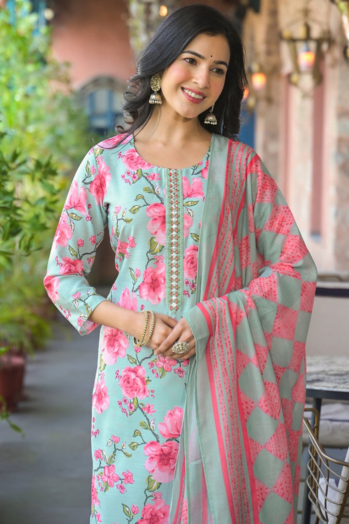 Green Rayon Blend Floral Printed Straight Kurta Trousers With Dupatta | SHOBITAM
