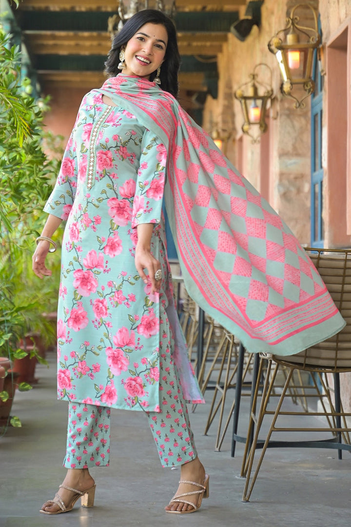 Green Rayon Blend Floral Printed Straight Kurta Trousers With Dupatta | SHOBITAM