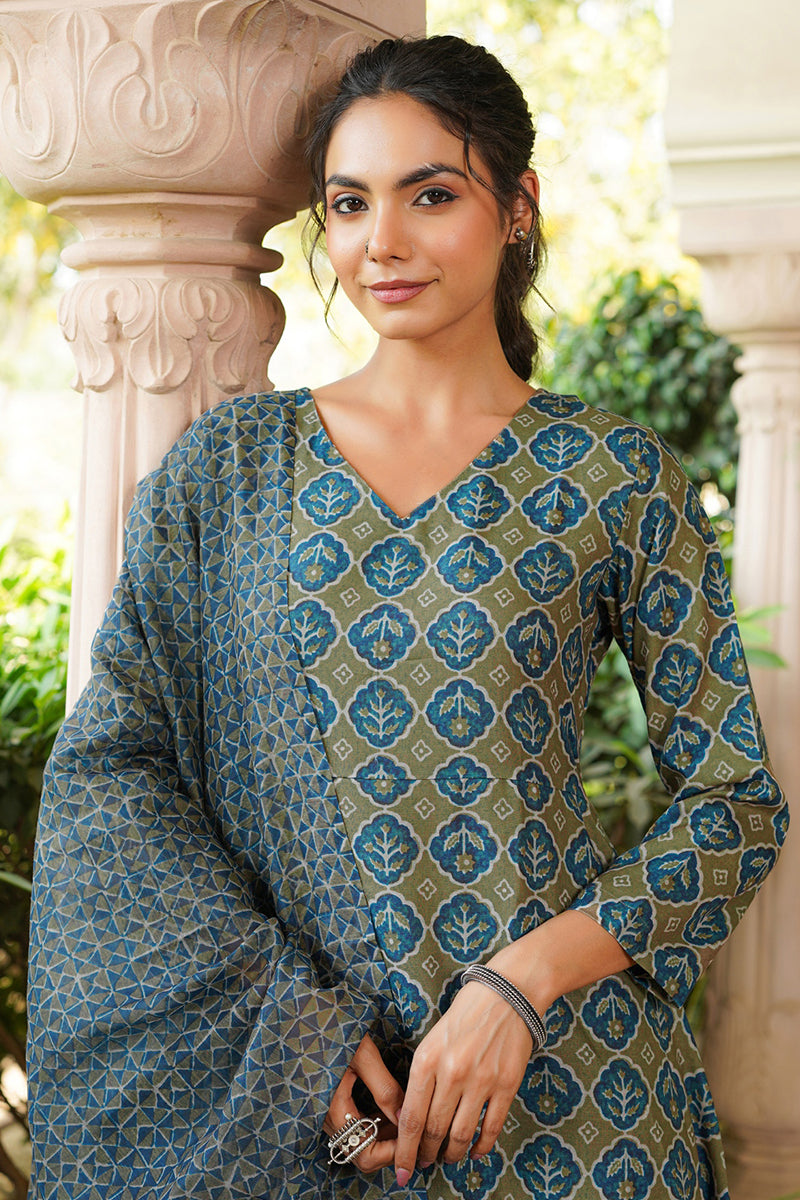 Olive Rayon Blend Floral Printed A-Line Kurta Palazzo With Dupatta | SHOBITAM
