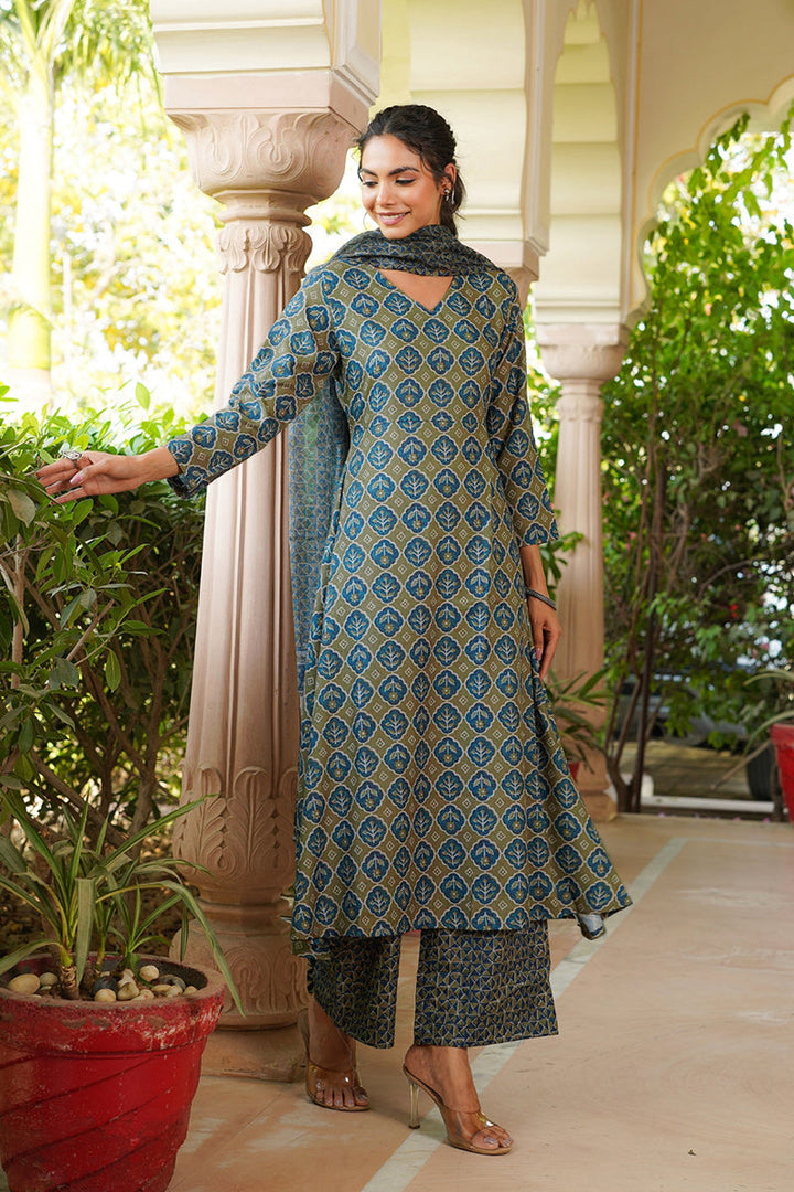 Olive Rayon Blend Floral Printed A-Line Kurta Palazzo With Dupatta | SHOBITAM