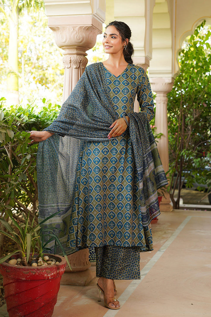Olive Rayon Blend Floral Printed A-Line Kurta Palazzo With Dupatta | SHOBITAM