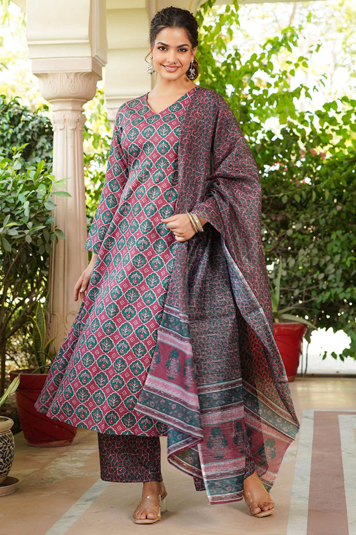 Maroon Rayon Blend Floral Printed A-Line Kurta Palazzo With Dupatta | SHOBITAM