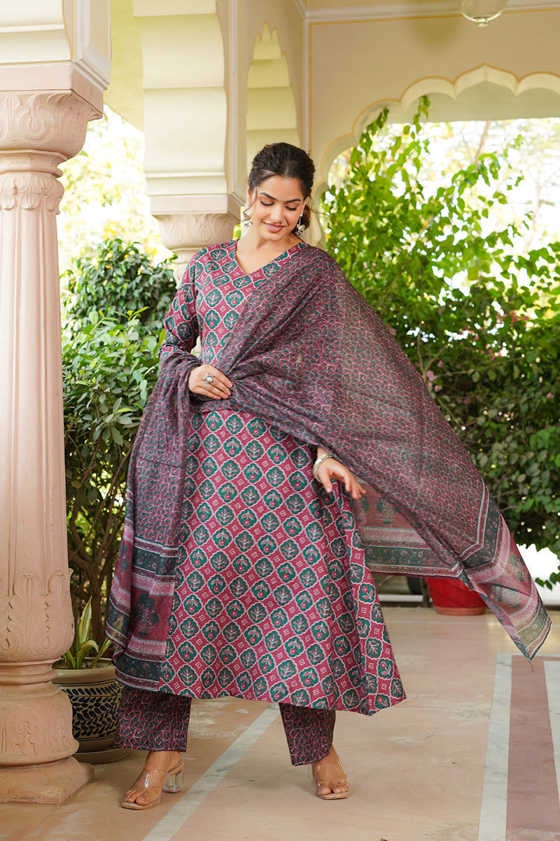 Maroon Rayon Blend Floral Printed A-Line Kurta Palazzo With Dupatta | SHOBITAM