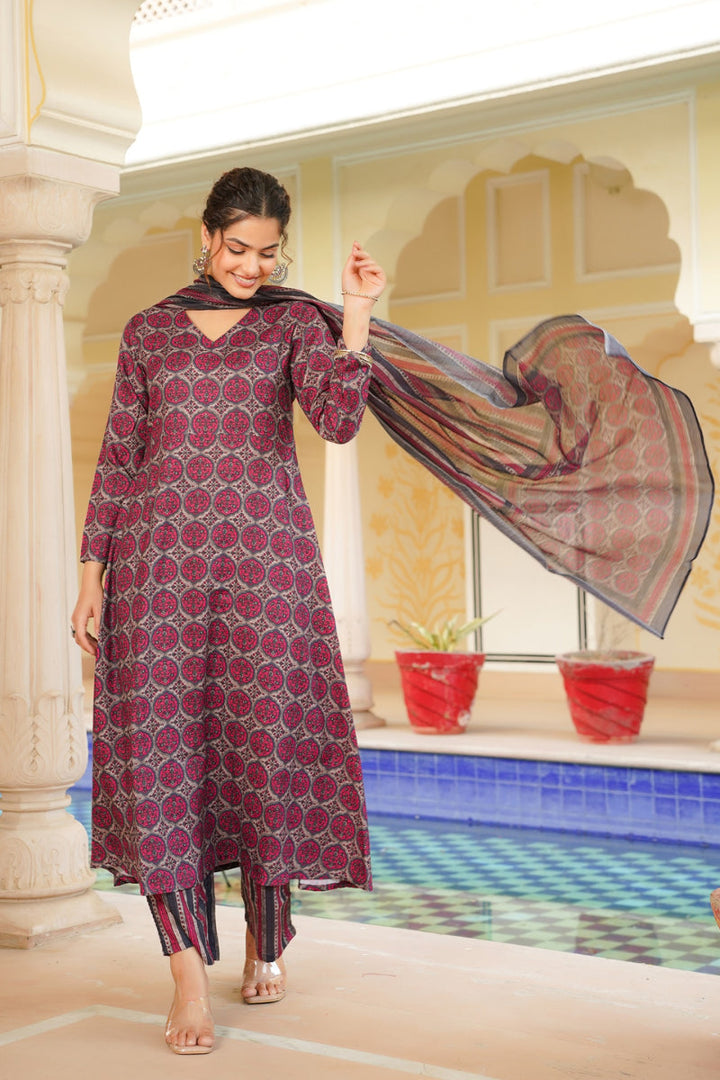 Pink Rayon Blend Floral Printed A-Line Kurta Palazzo With Dupatta| SHOBITAM