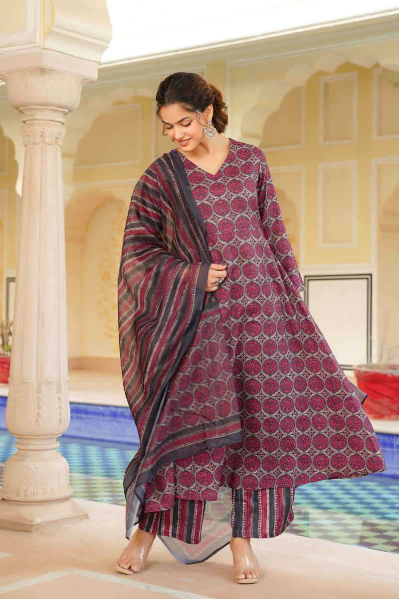 Pink Rayon Blend Floral Printed A-Line Kurta Palazzo With Dupatta| SHOBITAM